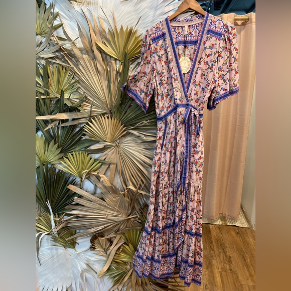 TULLE & BATISTE handmade floral Pink and Blue Wrap Rayon Maxi Dress NWT - Picture 2 of 16